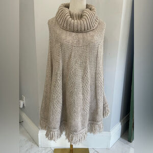 Iperico Italian alpaca blend cable knit cowl turtleneck fringe pullover cape
